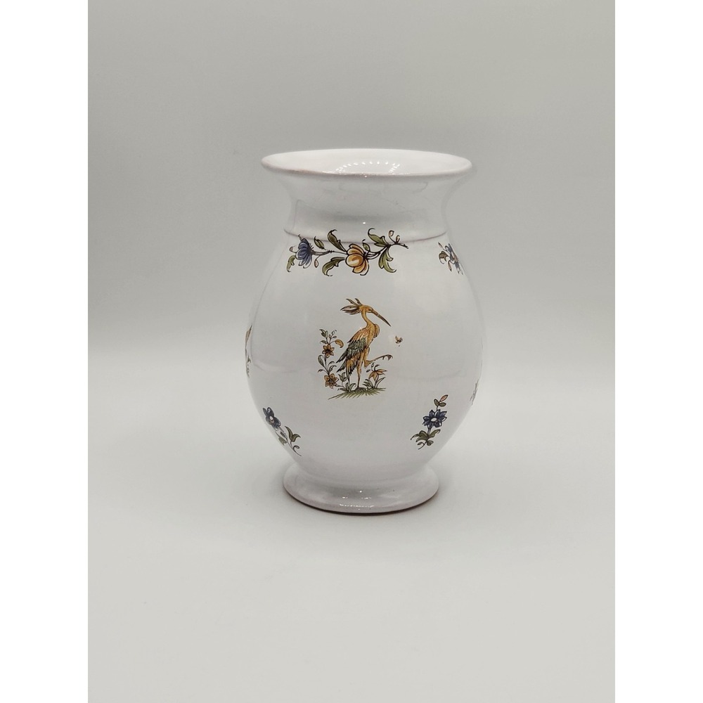 French Faience Style Hand Painted Vase Bird Floral Motif White Glazed Pottery